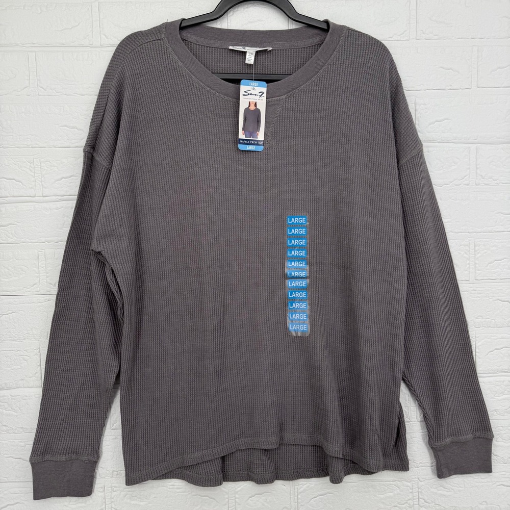 Seven7 Waffle Crew Top Women Large Gray Knit Long Sleeve Pullover NEW